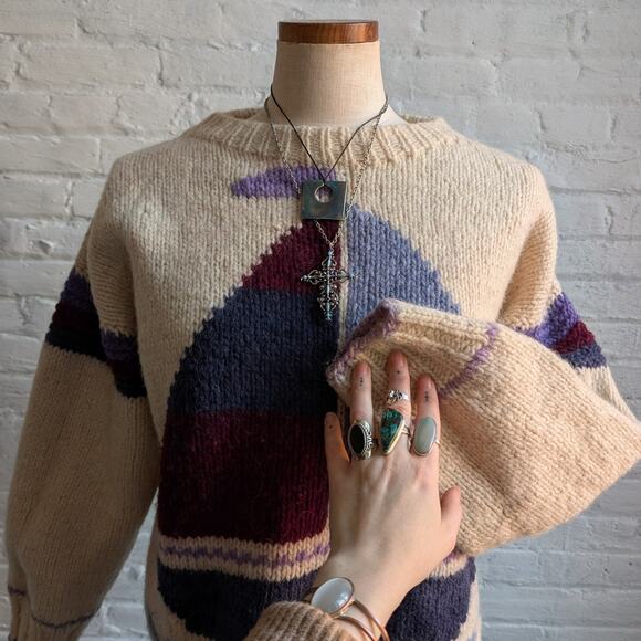 Vintage Wool Nautical Sweater Crewneck Knit Chunky Coastal Boho Grandpa Cozy Top - Picture 2 of 6